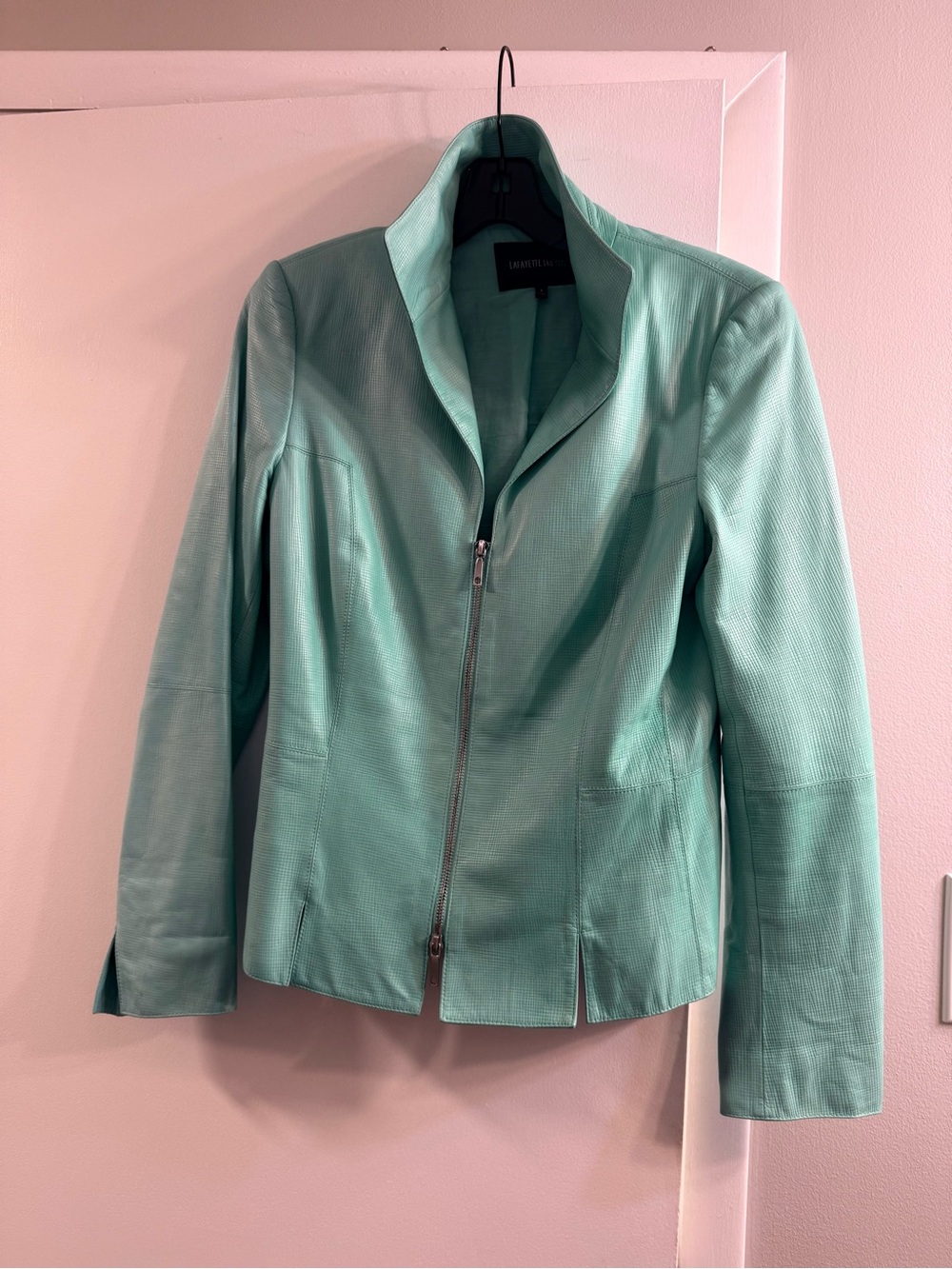 Lafayette 148 New York Turquoise Zip-Front Leather Jacket - Picture 8 of 8